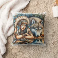 Native American Woman With Wolf By Tranquil Water Throw Pillow