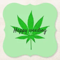 Happy Weeding Wedding Pun Paper Coaster