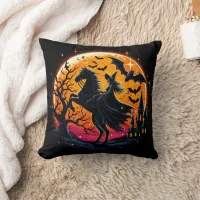 A mystical Halloween horse ride under a full moon Throw Pillow