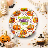 Cute Orange Halloween Pumpkin Party Time Pattern Paper Plates