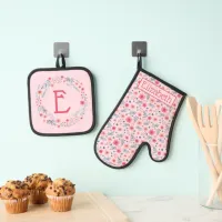 Pink, Blush, and Blue Watercolor Floral Oven Mitt & Pot Holder Set