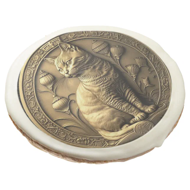 Gold Sitting Cat Medallion Sugar Cookie