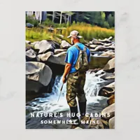 *~* Man Sun Fishing Stream Maine AP49 Caabin Postcard