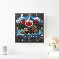 Snow-Capped Peaks, Canadian Beaver, Ocean Square Wall Clock