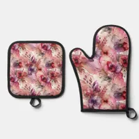 Pink and Purple Flowers Alcohol Ink Illustration  Oven Mitt & Pot Holder Set