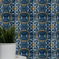 Mediterranean Boho Dark Blue & Orange Gold Pattern Ceramic Tile