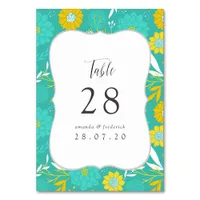 Yellow and Teal Floral Wedding Table Number