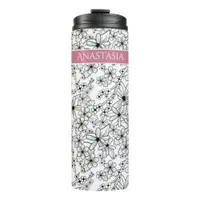 Hand Drawn Floral White Black Pattern & Pink Name Thermal Tumbler