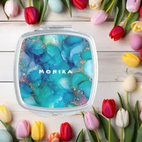 Teal Glitter Alcohol Ink Compact Mirror