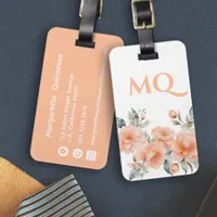 Peach Fuzz Floral Watercolor Girly White Initial Luggage Tag