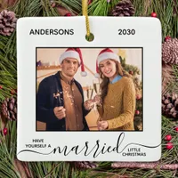 Married Little Christmas Simple Newlyweds Photo Ceramic Ornament