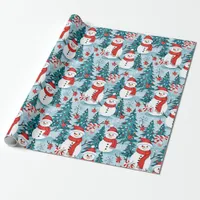 Blue and Red Christmas Snowmen Festive Wrapping Paper