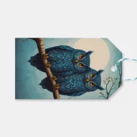 Cute owl couple on branch in a blue color gift tags