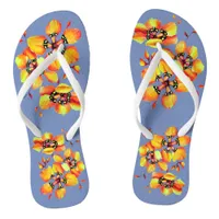 Bright Orange Flowers - Blue Grey Flip Flops