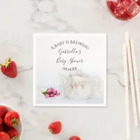 Teapot and Pink Roses Baby is Brewing Shower Napkins
