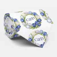 Elegant Watercolor Tulip Wreath Wedding Blue Ivory Neck Tie
