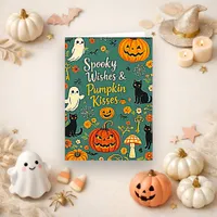 Cute Teal Vintage Spooky Pumpkin Ghost Holiday Card