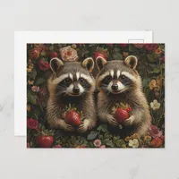 Adorable Raccoons With Strawberries Postcard