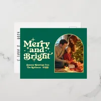 Emerald and Gold Merry and Bright Retro Christmas Foil Holiday Postcard