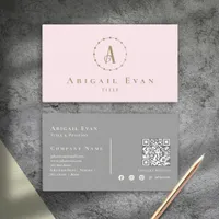 Elegant Blush Pink and Gray Glitter Gold Monogram Business Card