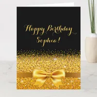 Happy Birthday gold bow with sparkle on black Card