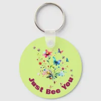 Simple Floral Watercolor Monogram Bee on green   Keychain