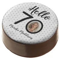 Hello 70 Black & White Dots Photo & Name Birthday Chocolate Covered Oreo