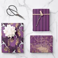Purple and Gold Paris themed Wrapping Paper Sheets