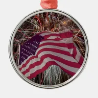 American Flag and Fireworks Metal Ornament