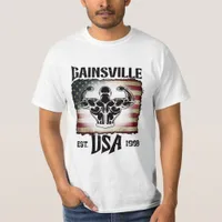 Dark Text Gainsville USA Flag Biceps Bodybuilder T-Shirt