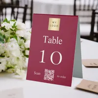 Burgundy white business logo QR code table number Table Tent Sign