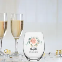 Bridesmaid rose gold florals eucalyptus stemless wine glass