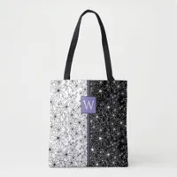 Floral Color Block Pattern Black White & Monogram Tote Bag