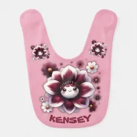 Cute Monogram Burgundy and White Flower on Pink | Baby Bib