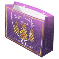 90th birthday pineapples purple pink glitter name large gift bag