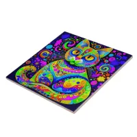 Artsy Whimsical Vibrant Colorful Cat Ceramic Tile