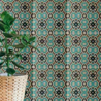 Beige Teal Black Geometric Mosaic Stone-Look Ceramic Tile