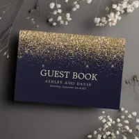 Gold Confetti Navy Blue Modern Wedding Guest Book