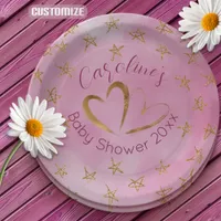 Pink Gold Stars Hearts Baby Shower Paper Plates