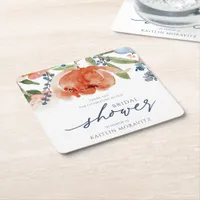 Bridal Shower Colorful Orange & Dusty Blue Peony Square Paper Coaster