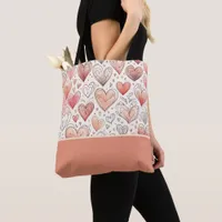 Pink Heart Doodles Valentine's Day Color Block Tote Bag