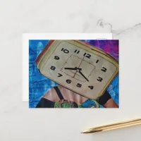 Vintage Alarm Clock Head Woman Collage Postcard