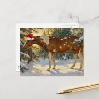 Christmas Paint Horse Mare Winter Forest Santa Hat Postcard