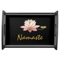 *~* Zen Namaste Pink Lotus Flower Spiritual Black Serving Tray