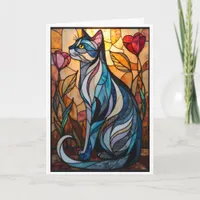 Stained Glass Style Gray Cat with Flowers Card