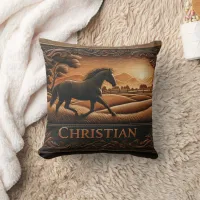 Galloping Horse in Scenic Landscape at Sunset Throw Pillow