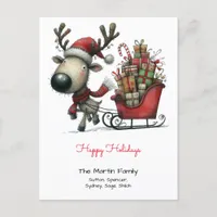 Cute Reindeer Pulling a Sleigh Happy Holidays Postcard