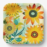 Pretty Folk Art Yellow Flowers   Paper Plates