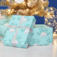 Coastal Christmas Aqua Blue Starfish Sand Dollar Wrapping Paper