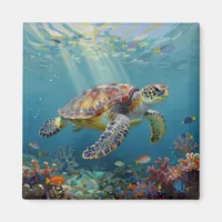A Sea Turtle and Sun Rays in the Ocean Blue Magnet